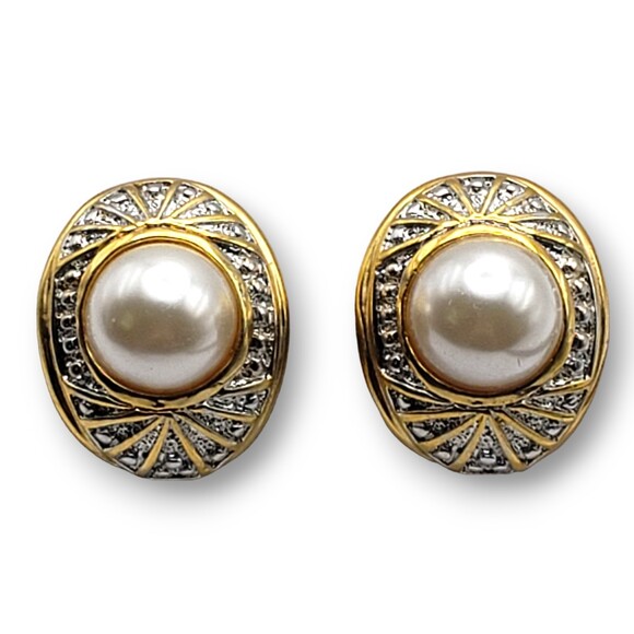 Vintage Oval Faux Pearl Clip Earrings Chunky Statement Two Tone - Picture 1 of 6